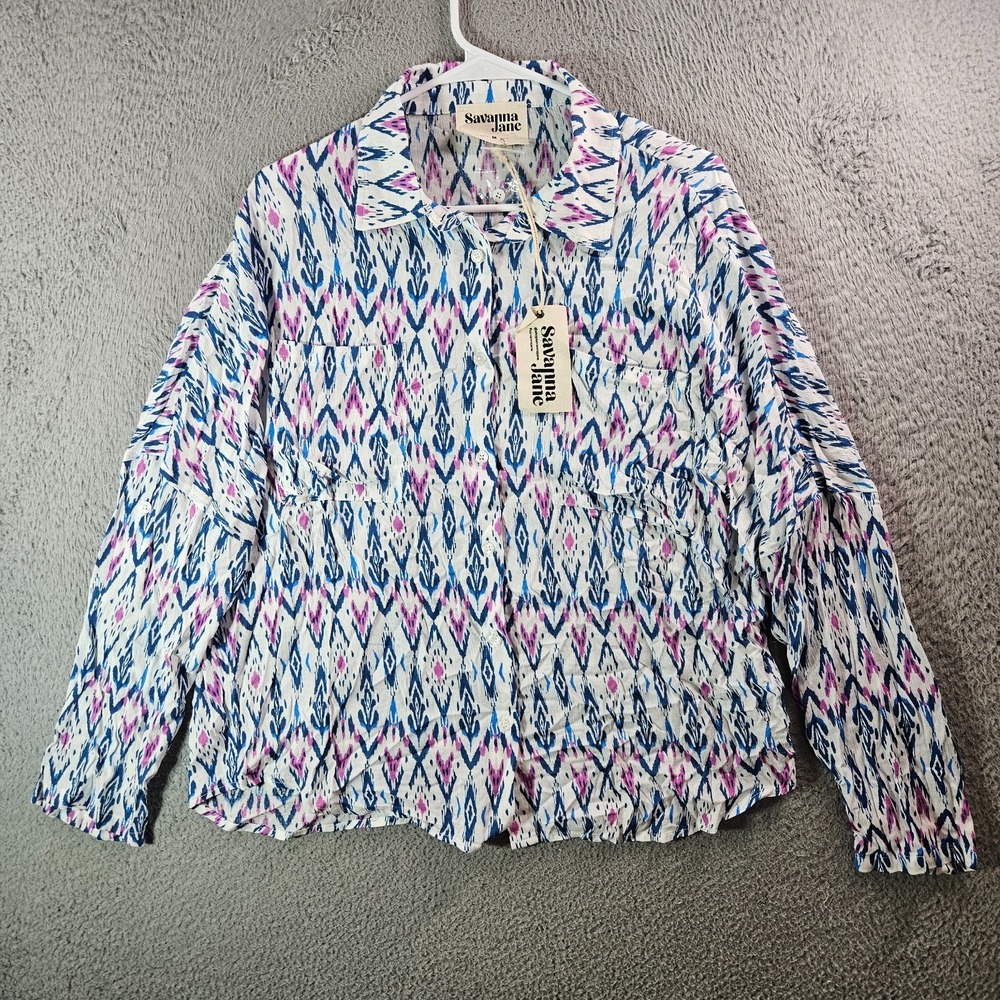 NEW Savanna‎ Jane Shirt Top Women Medium Geometric Aztec Print Multicolor Button